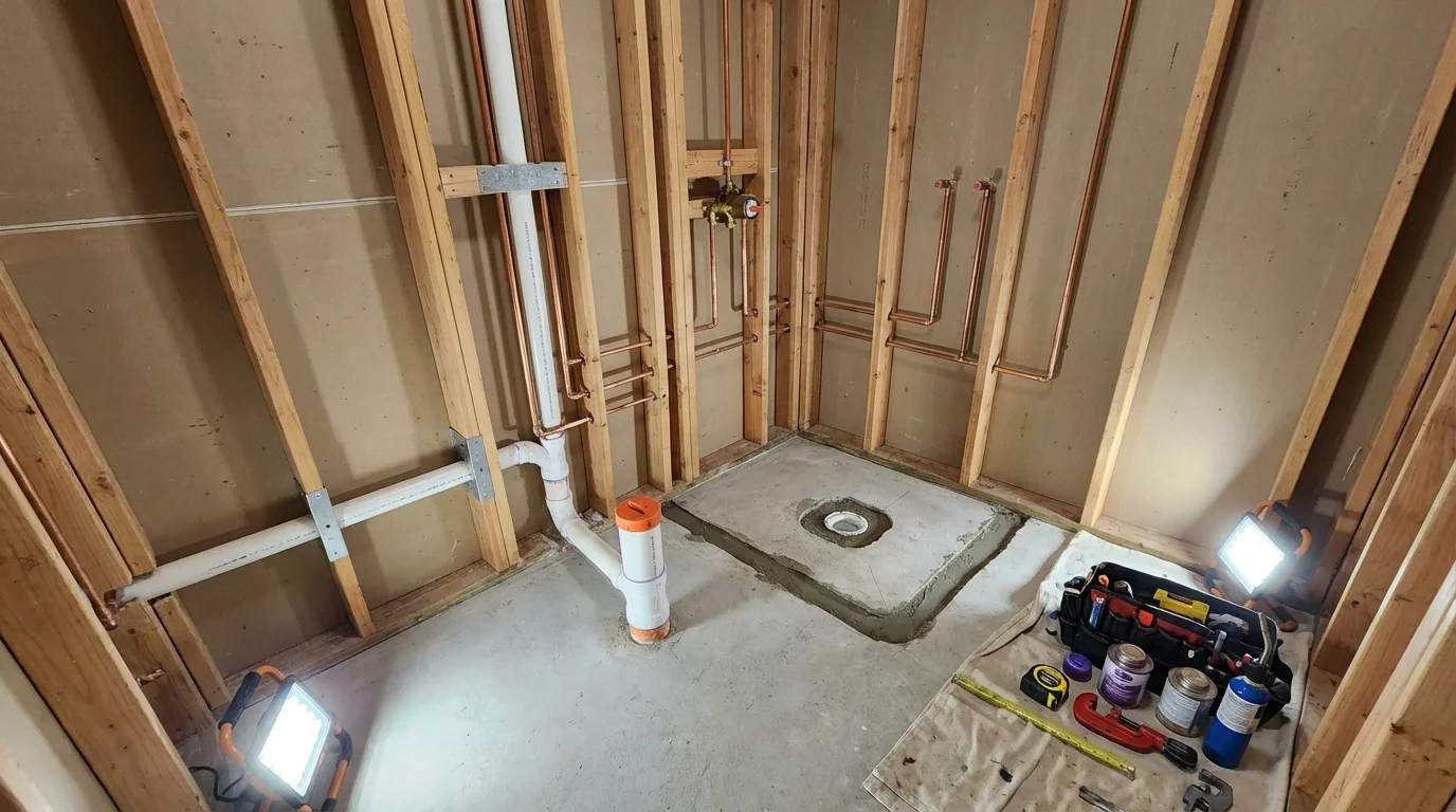 Bathroom rough-in plumbing during remodel by Johns Plumbing LLC in Toccoa