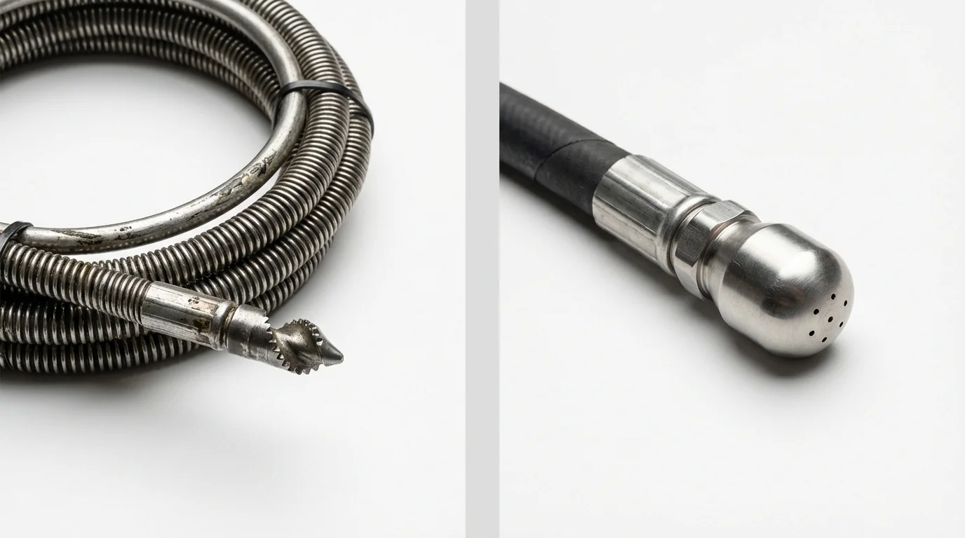 Drain snake cable and hydro jetting nozzle used for drain cleaning in Toccoa, GA