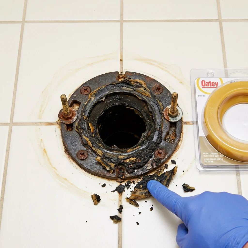 Failed wax ring showing water seepage at the base of a toilet in a Toccoa, GA home
